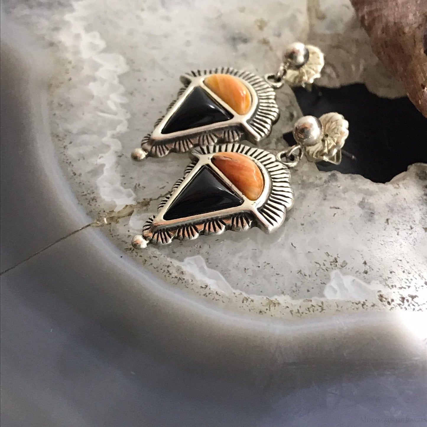 Carolyn Pollack Sterling Silver Orange Spiny Oyster & Onyx Decorated Dangle Earrings