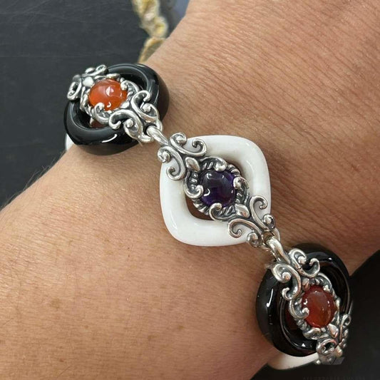 Carolyn Pollack Sterling Silver White & Black Agate Link Bracelet For Women