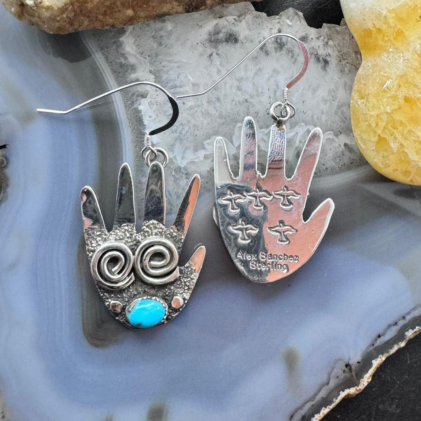 Alex Sanchez Sterling Silver Ancestors Hand Petroglyph With Turquoise Dangle Earrings For Women