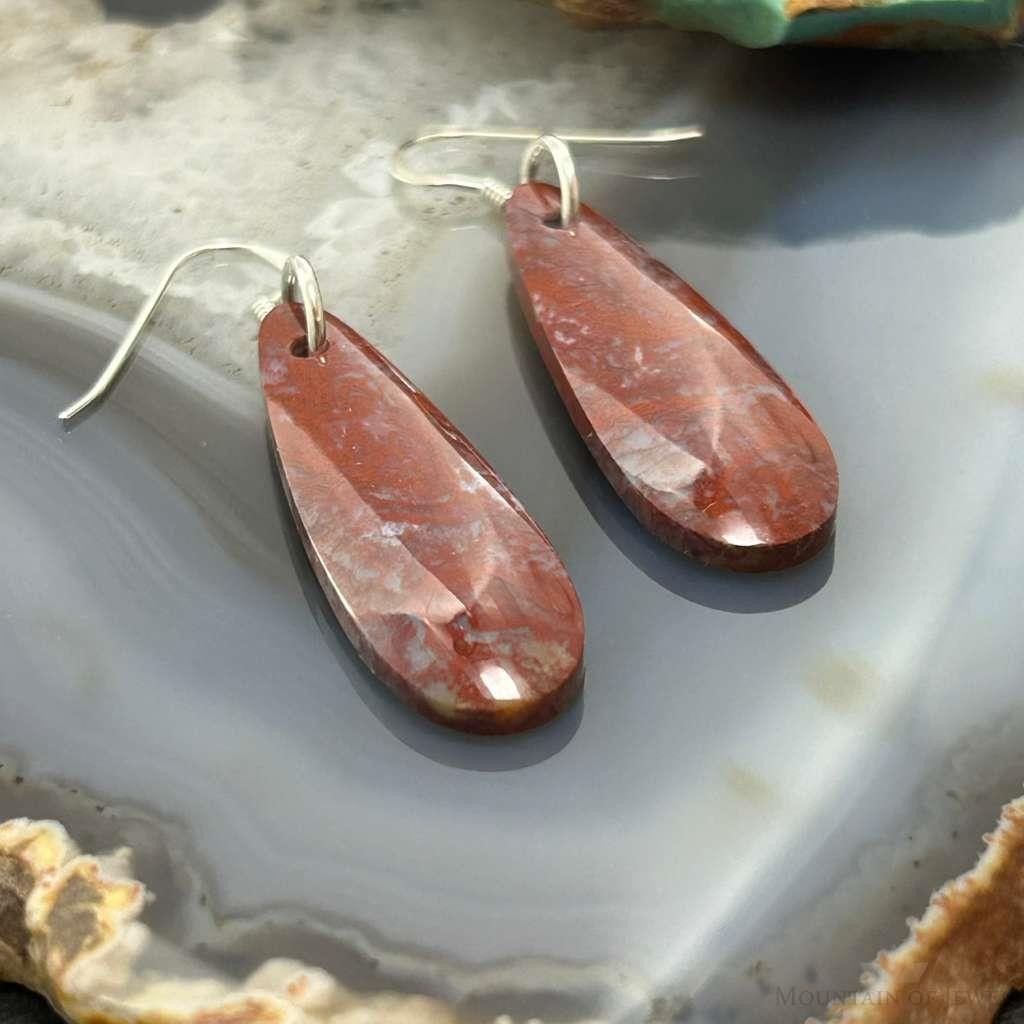 Sterling Silver Teardrop Plum Moss Agate Slab Dangle Earrings For Women #514