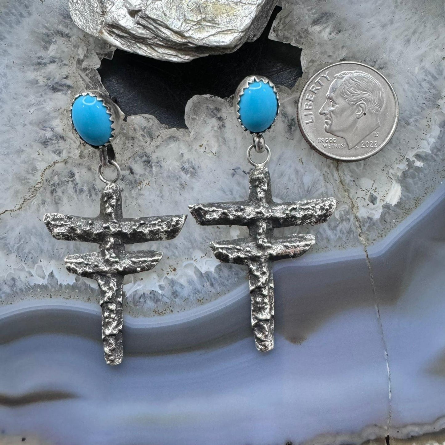 Cheyenne Custer Sterling Silver Sleeping Beauty Turquoise Tufa Cast Dangle Earrings For Women