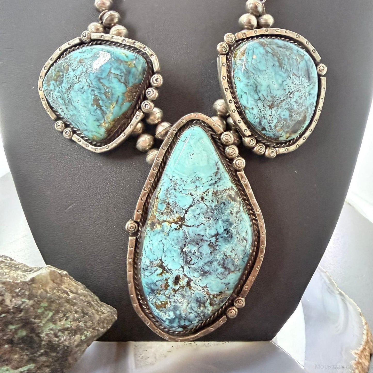 Vintage Silver Native American Large Blue Diamond Turquoise Necklace For Women