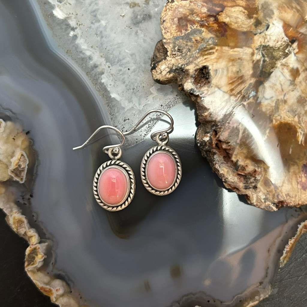 Sterling Silver Southwestern Style Oval Pink Conch Dangle Earrings For Women