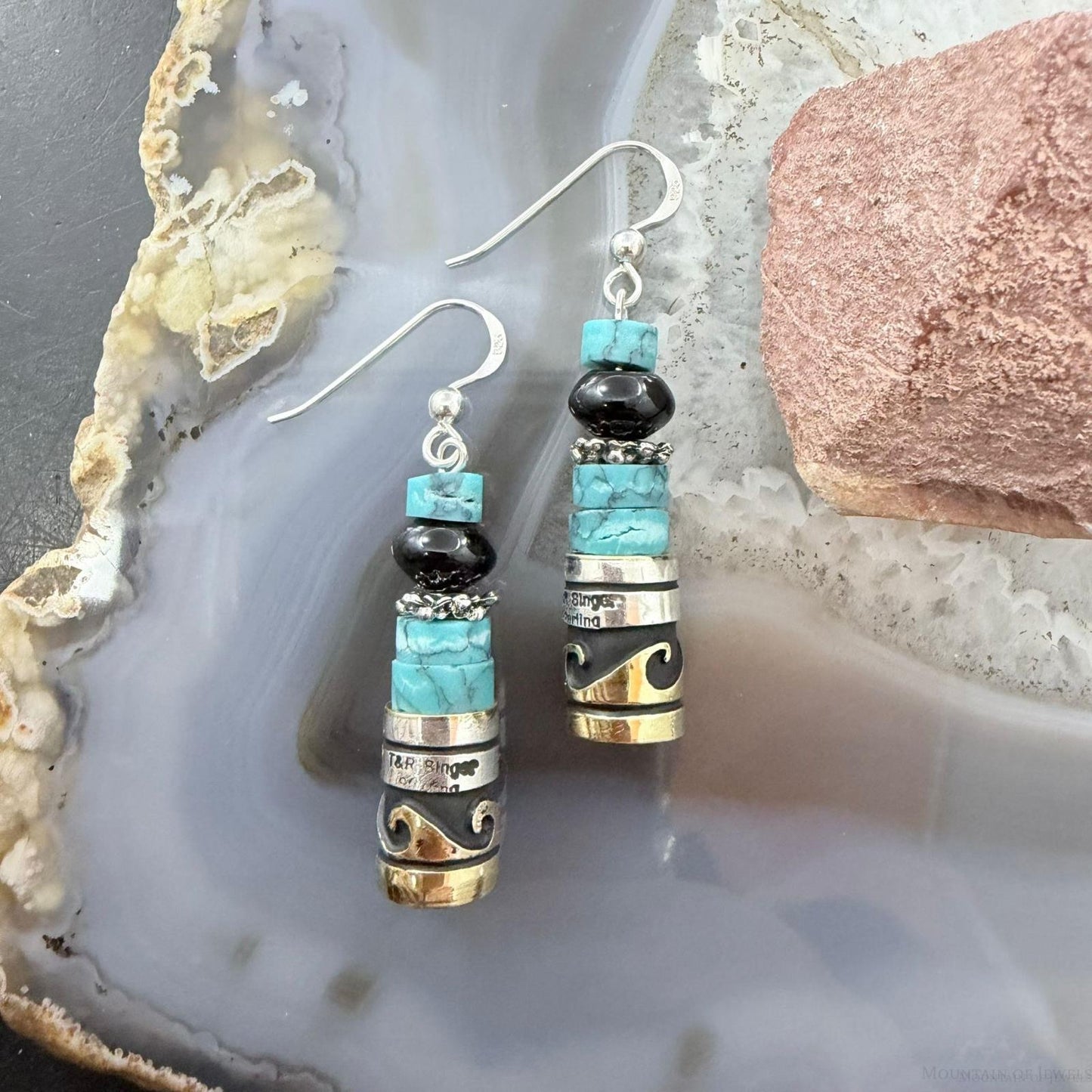 Tommy & Rosita Singer Sterling Silver Turquoise & Onyx Beads Dangle Earrings For Women