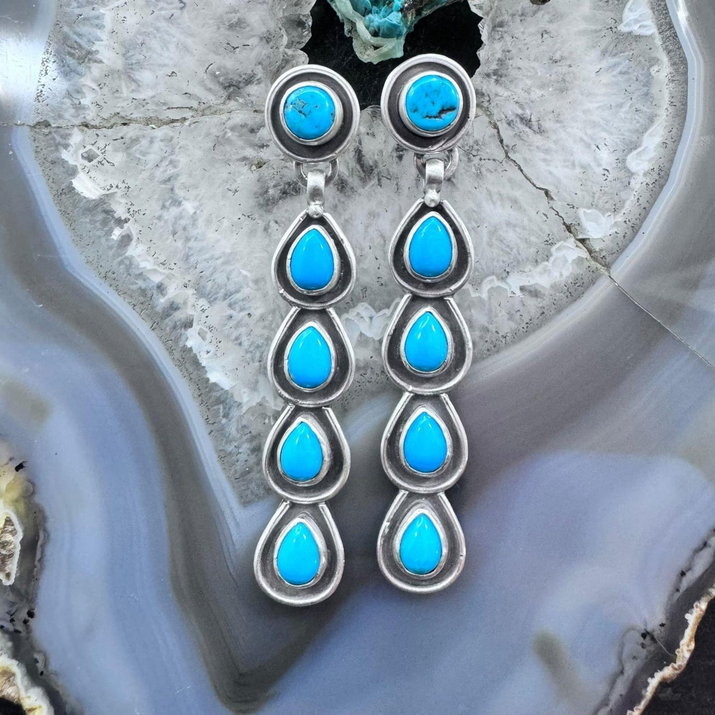 Native American Sterling Silver 5 Turquoise Post Dangle Earrings For Women