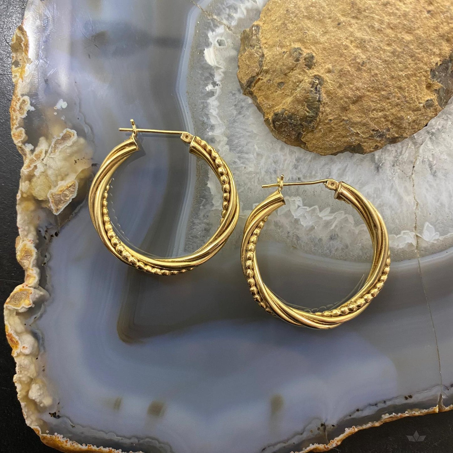 14K Yellow Gold Twist 3 Rings w/Texture Hoop Earrings For Women