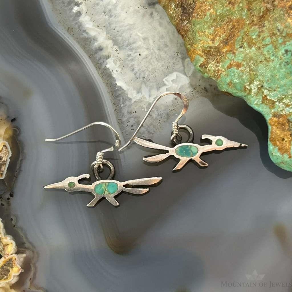 Vintage Silver Native American Roadrunner w/Turquoise Dangle Earrings For Women