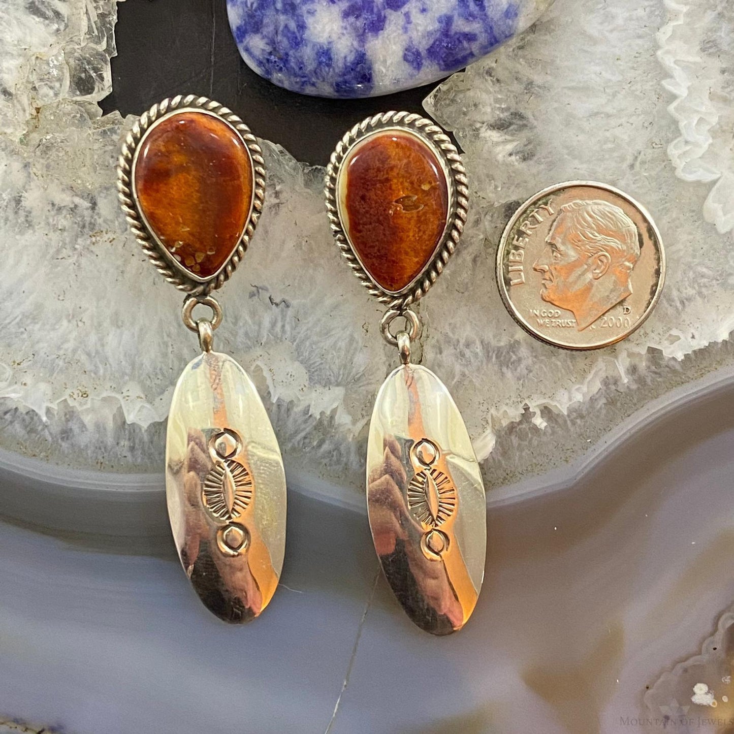 Native American Sterling Silver Teardrop Spiny Oyster Dangle Earrings For Women