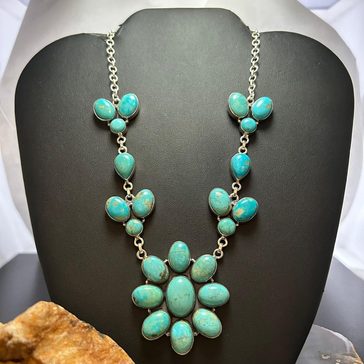 Sterling Silver Southwestern Style Royston Turquoise Cluster 18" Necklace For Women