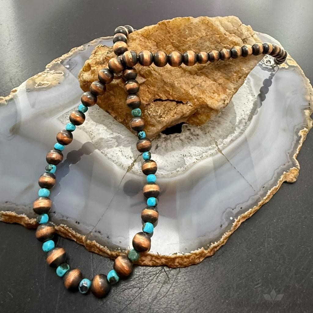 Copper 4mm-7.5mm Navajo Pearl Beads & Turquoise Beaded 20" Necklace For Women