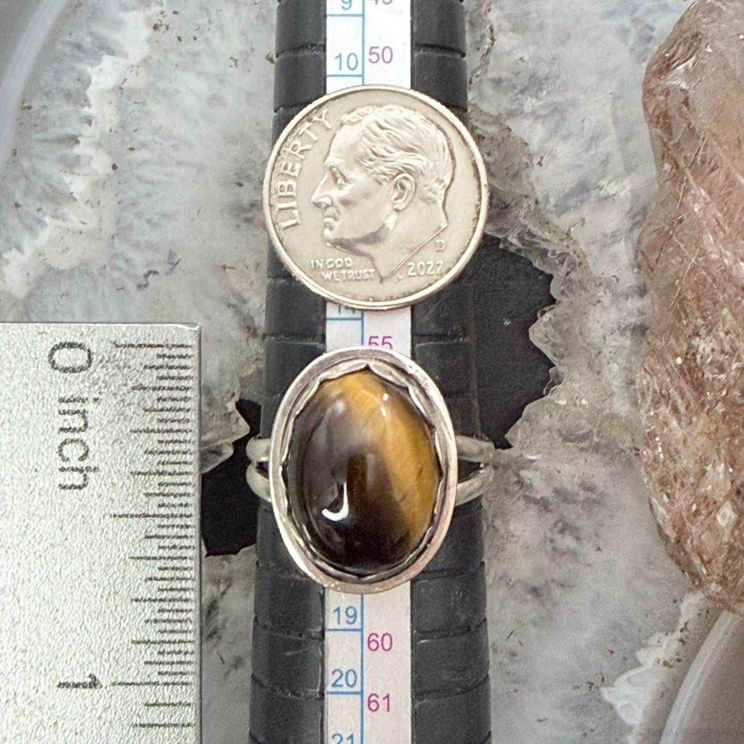 Sterling Silver Southwestern Style Oval Tiger's Eye Decorated Ring Size 8 For Women