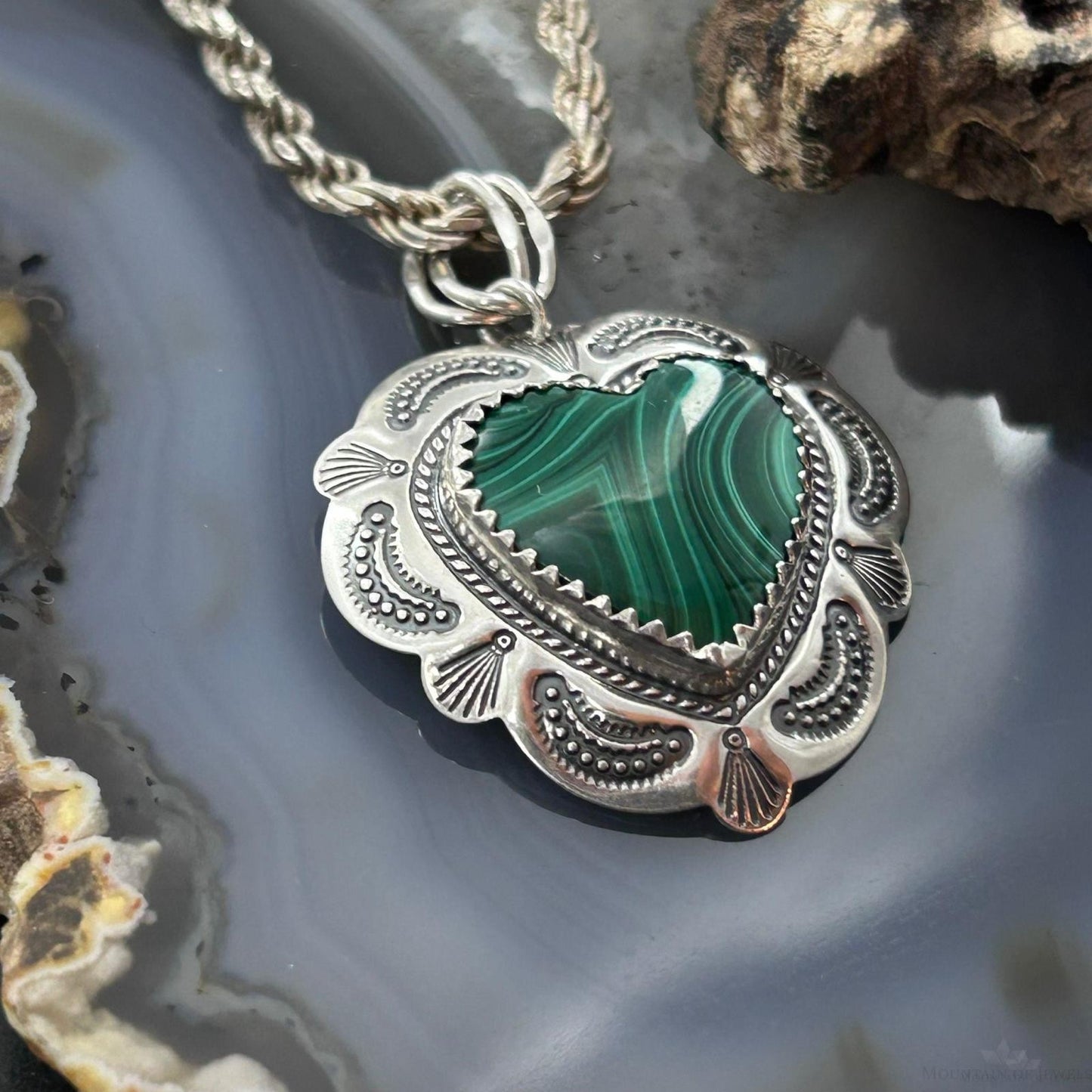 QT Quoc Sterling Silver Southwestern Style Malachite Heart Pendant For Women