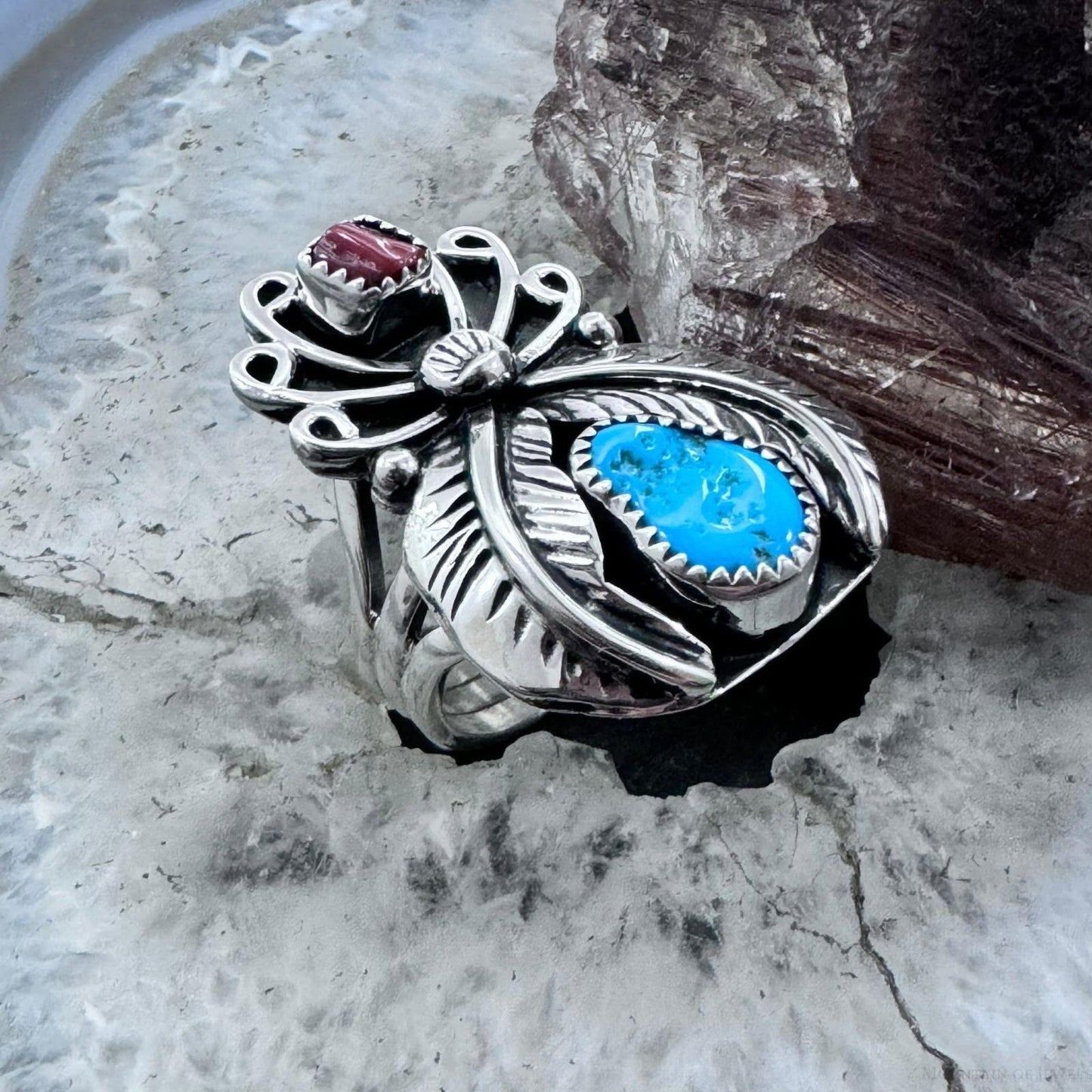 Native American Sterling Silver Turquoise & Coral Leaves Ring Size 7 For Women