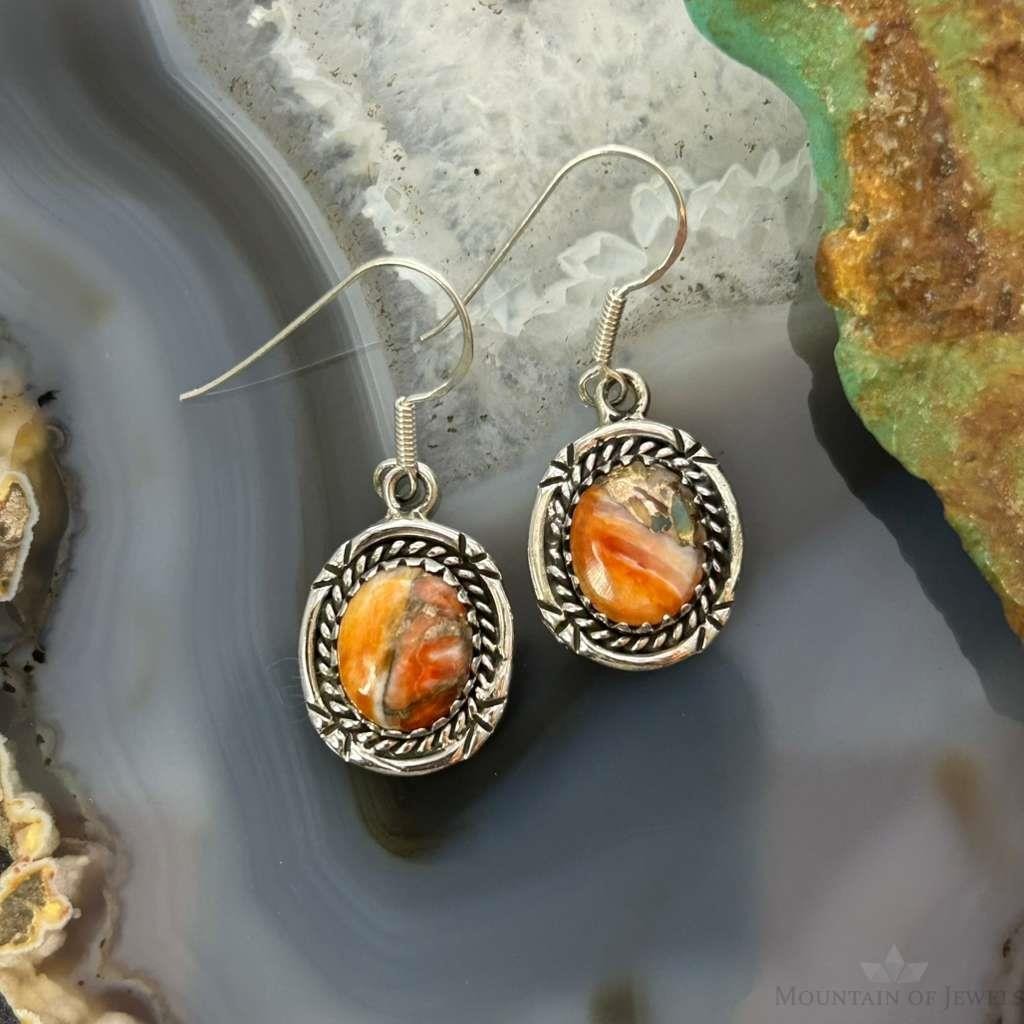 Sterling Silver Southwestern Style Spiny Oyster Turquoise Dangle Earrings For Women #5