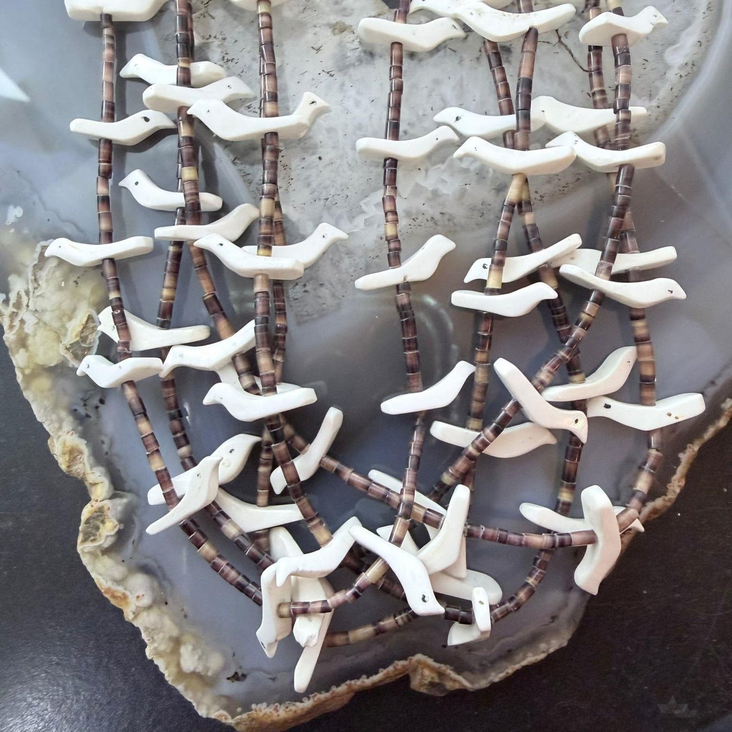 Vintage native American Sterling Silver 5 Strands White Shell Carved Fetish Bird Necklace For Women