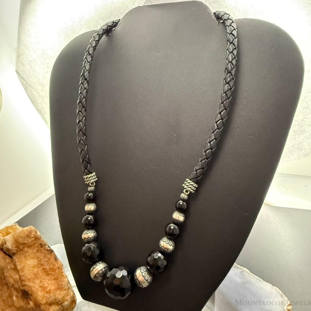 Carolyn Pollack Sterling Rounded & Faceted Onyx Beads Braided Leather Necklace For Women