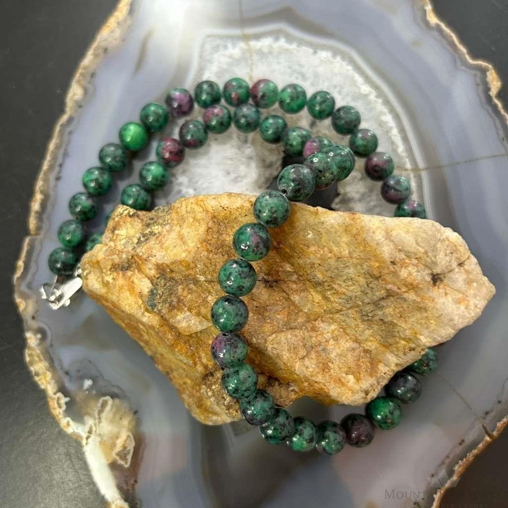 Sterling Silver 8mm Ruby Zoisite Beads 18" Necklace For Women