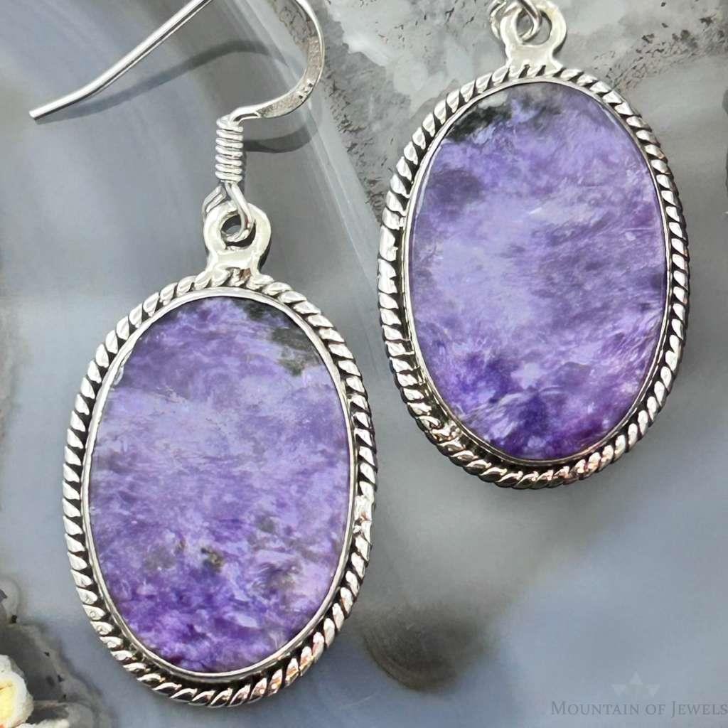 Sterling Silver Southwestern Style Oval Charoite Dangle Earrings For Women