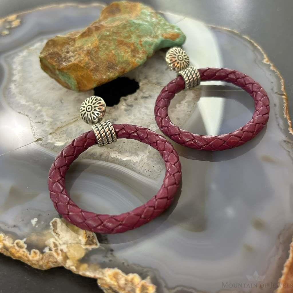 Carolyn Pollack Sterling Silver Purple Braided Leather Hoop Earrings For Women
