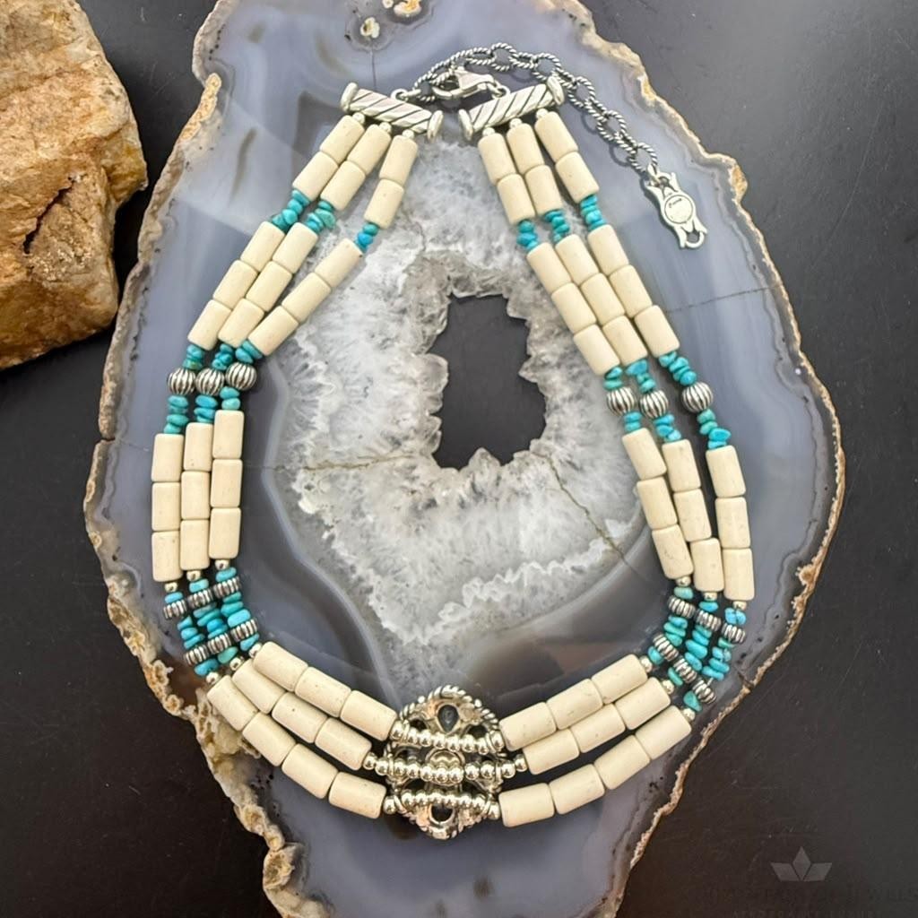 Carolyn Pollack Sterling Silver Concho w/Turquoise &White Agate 19" Necklace For Women.