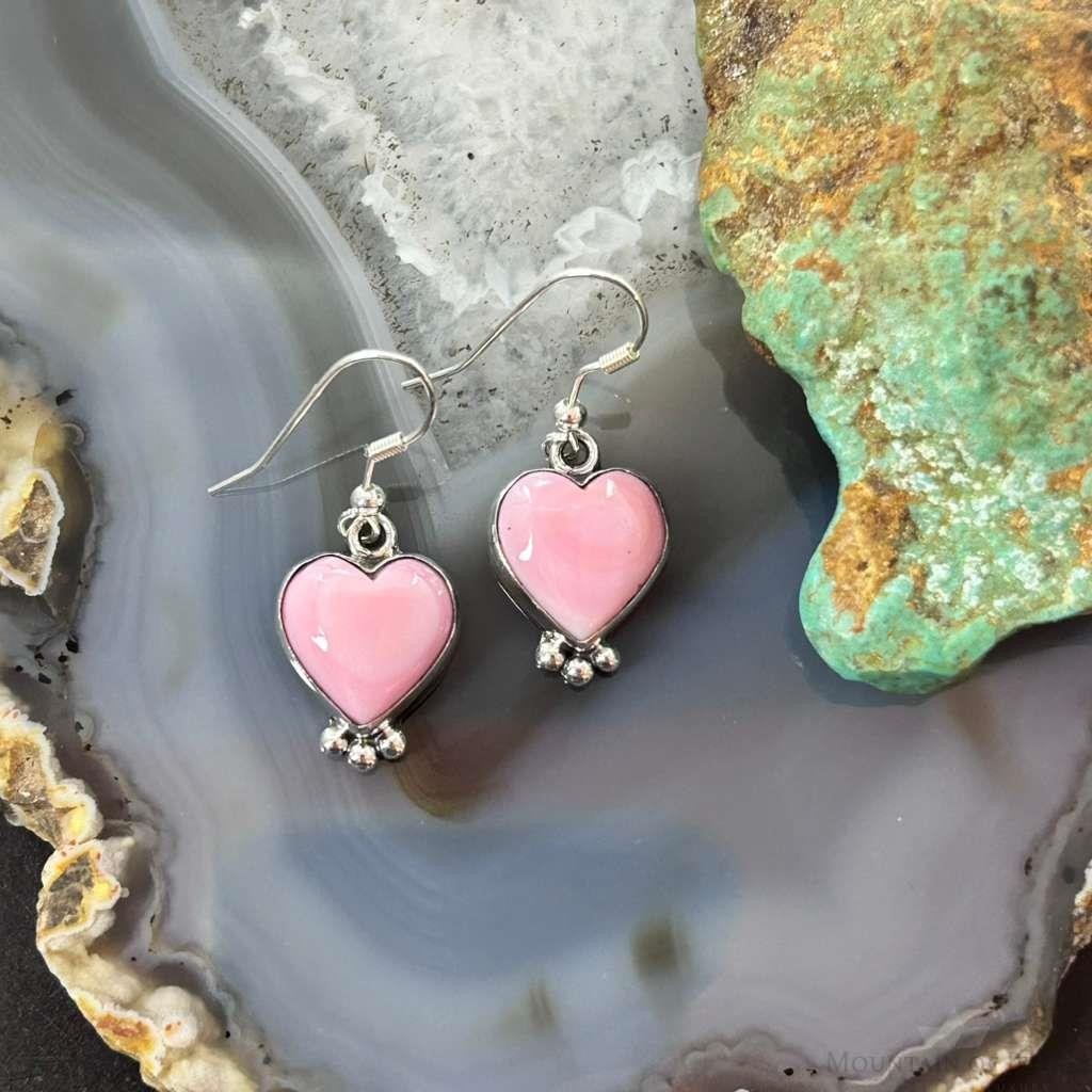 Native American Sterling Silver Pink Conch Decorated Heart Dangle Earrings For Women