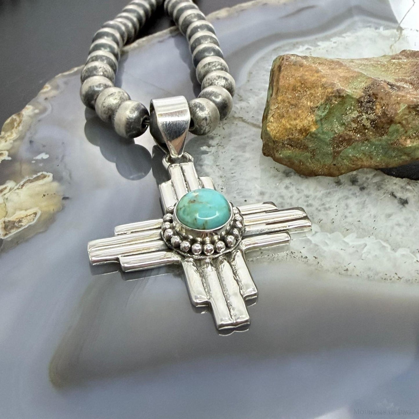 Sterling Silver Southwestern Style Rounded Mohave Turquoise Unisex  Zia Pendant #1