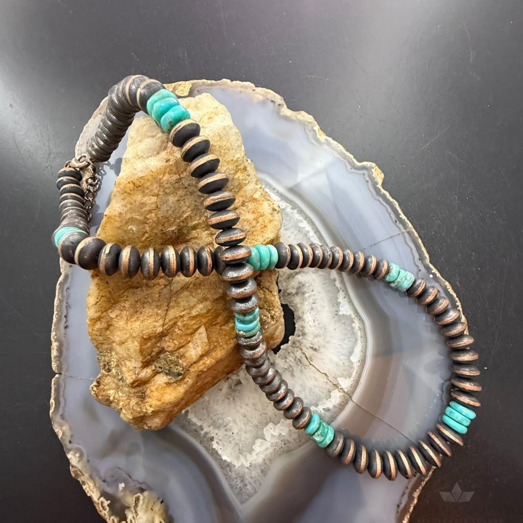 Southwestern Style 8mm Copper Navajo Pearl Saucer & Turquoise 18"-20" Necklace