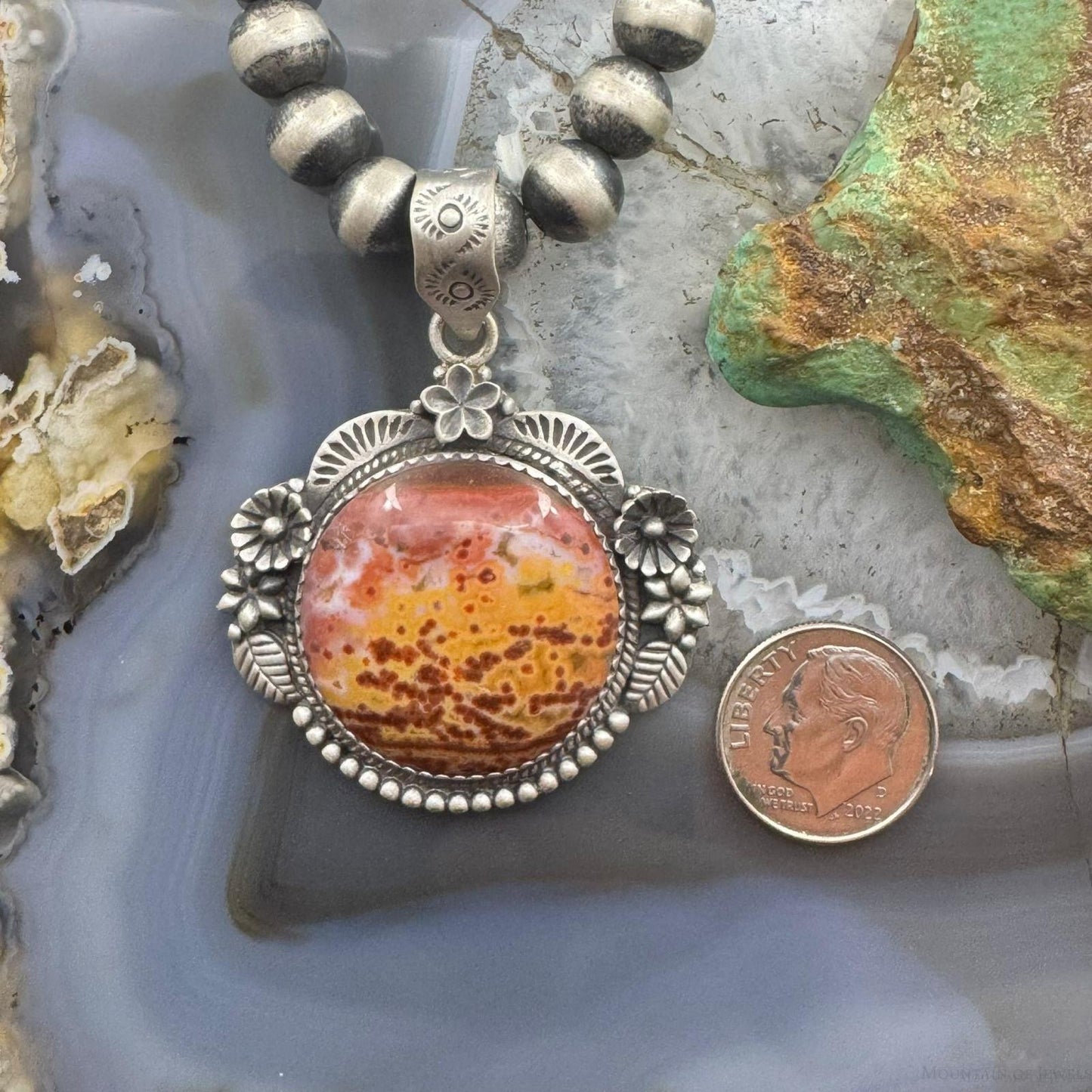 Sterling Silver Southwestern Style Round River Jasper Decorated Pendant For Women