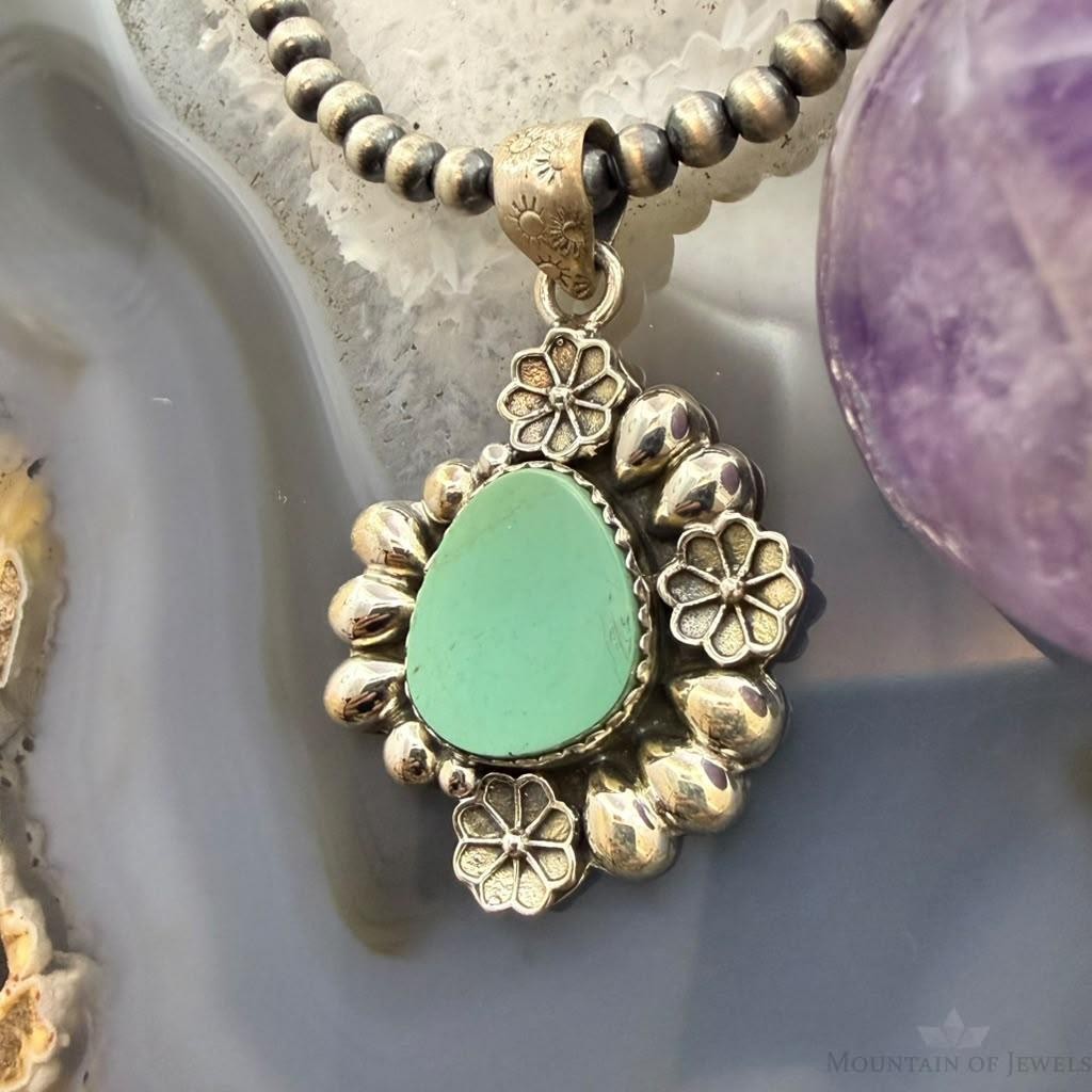Sterling Silver Southwestern Style Turquoise w/Flower Decorated Pendant For Women #1