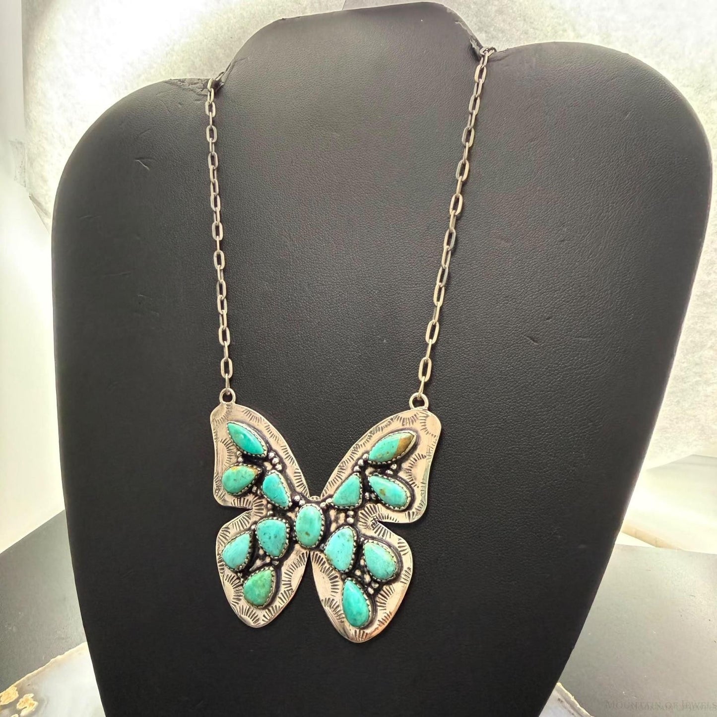 Sterling Silver Southwestern Style Kingman Turquoise Butterfly Pendant 20" Necklace For Women