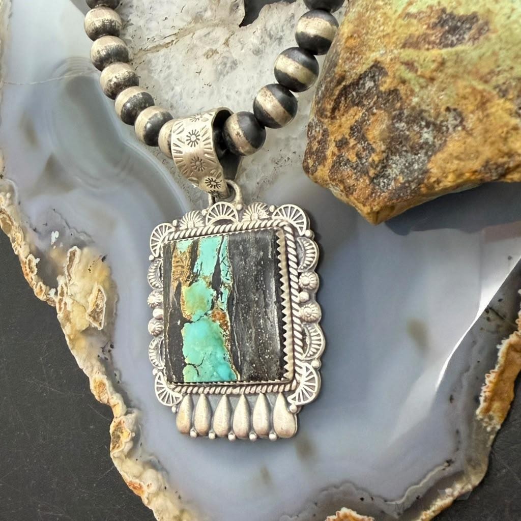 Sterling Silver Southwestern Style Square Blackjack Turquoise Decorated Pendant For Women