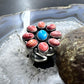 Native American Sterling Silver Turquoise &Spiny Oyster Adjustable Cluster Ring For Women