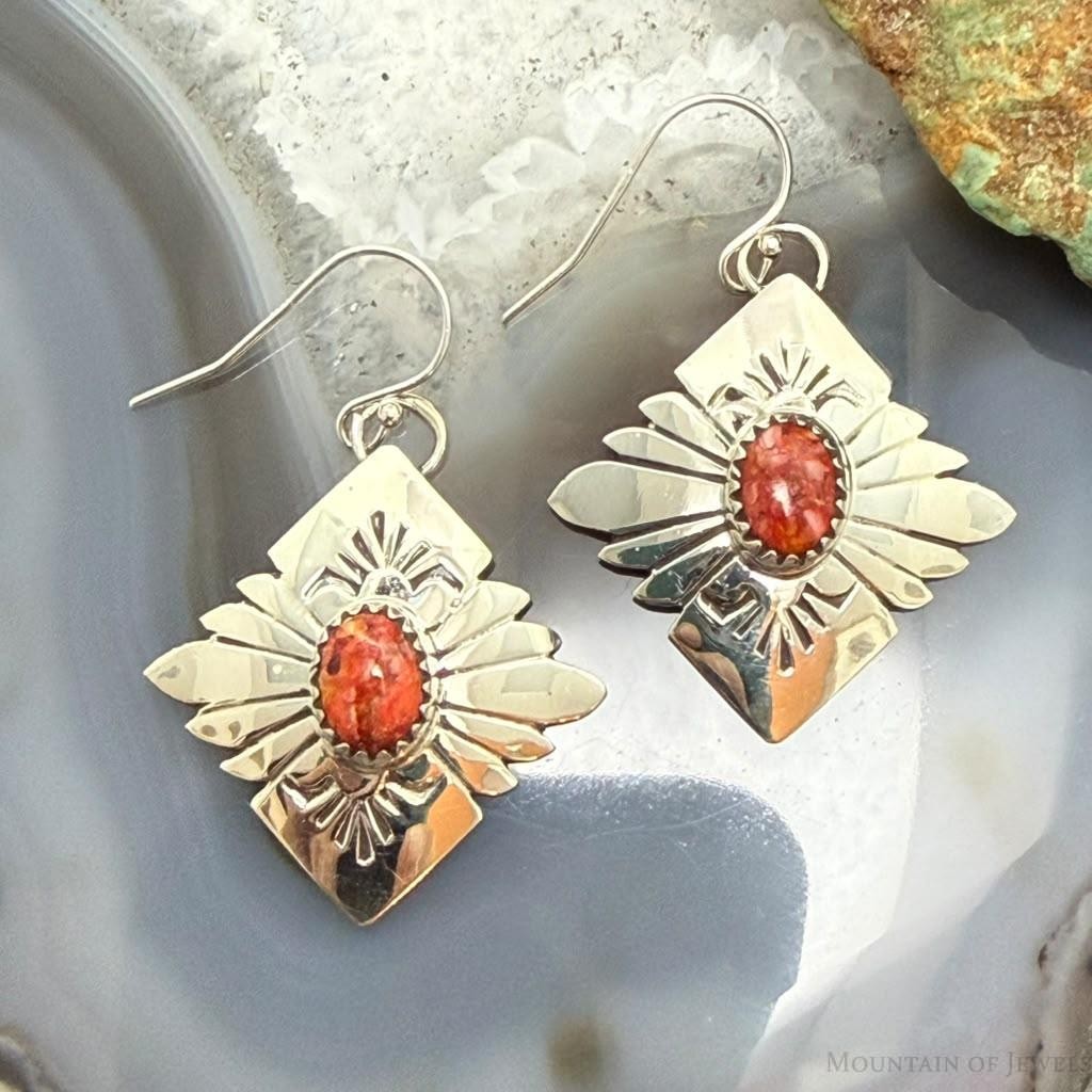 Michael Nez Sterling Silver Spiny Oyster Pueblo Life Dangle Earrings For Women