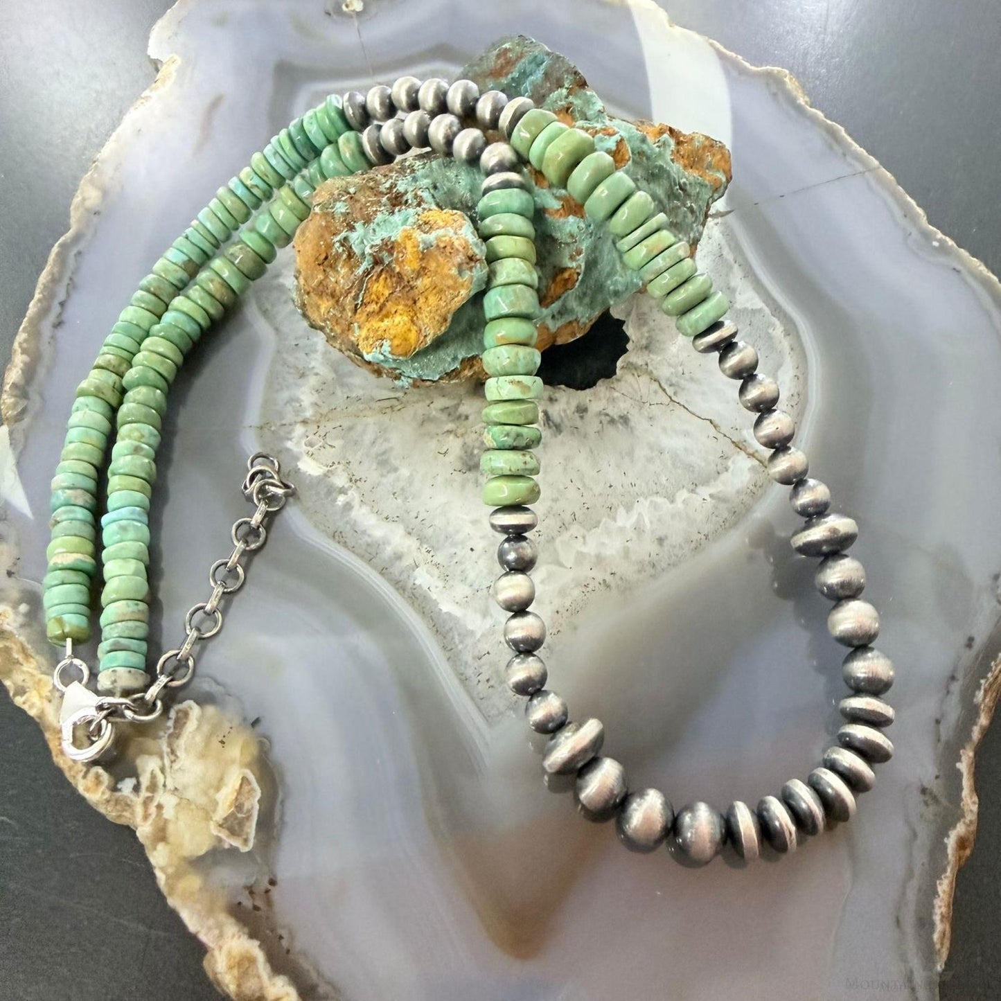 Sterling Silver Southwestern Style Green Turquoise Beads & Starling Beads 20" Necklace For Women