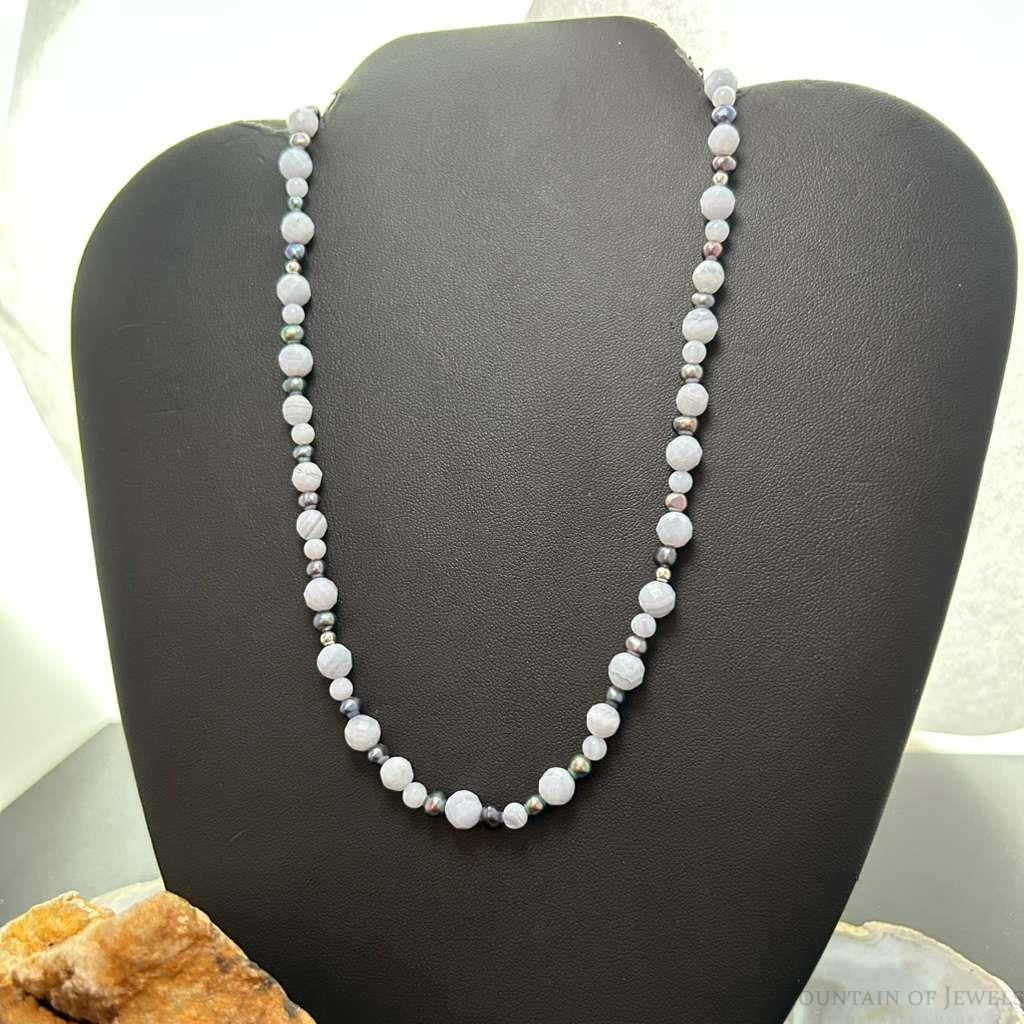 Carolyn Pollack Sterling Silver  Blue Lace Agate &Eggplant Pearl Bead Necklace For Women