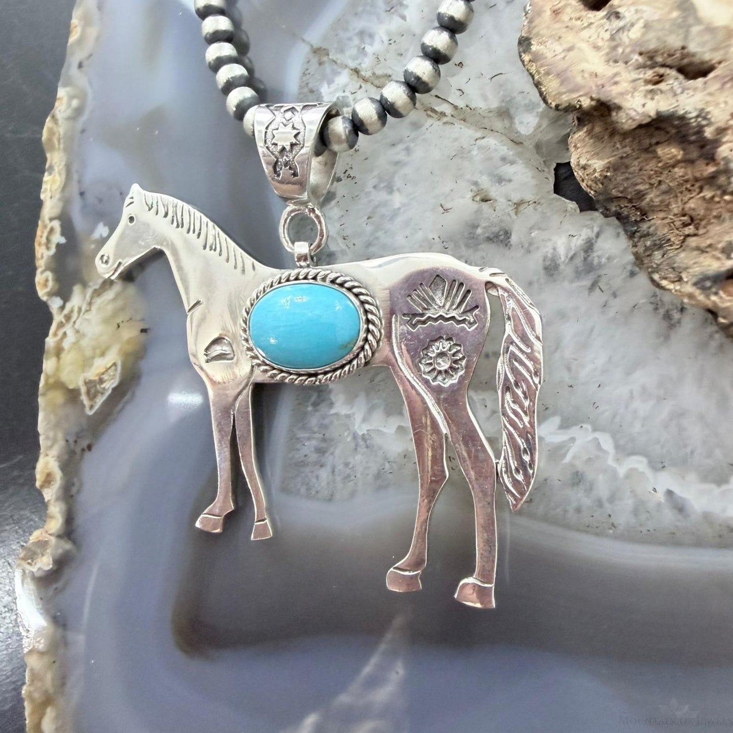 Sterling Silver Turquoise Stamped w/Indigenous Symbols Horse Unisex Pendant