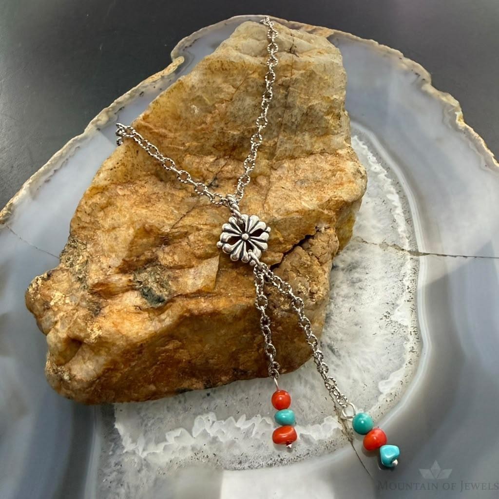 Carolyn Pollack Sterling Silver Coral & Turquoise Beads Chain Lariat Necklace For Women