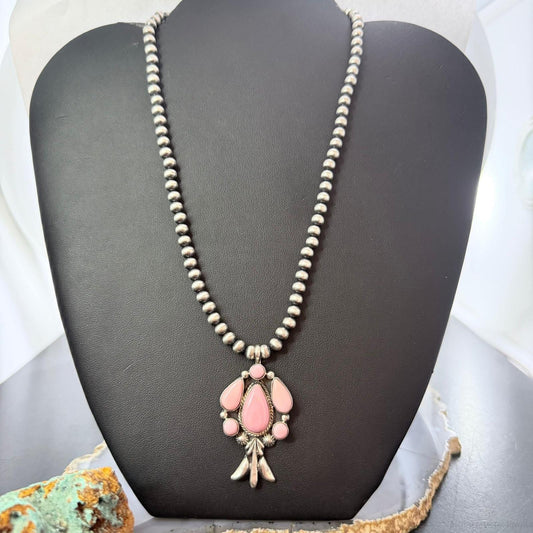 Running Bear Native American Sterling Pink Conch Pendant 15" Necklace For Women