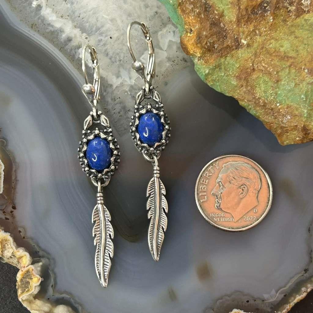 Carolyn Pollack Sterling Silver Lapis with Feather Dangle Earrings For Women