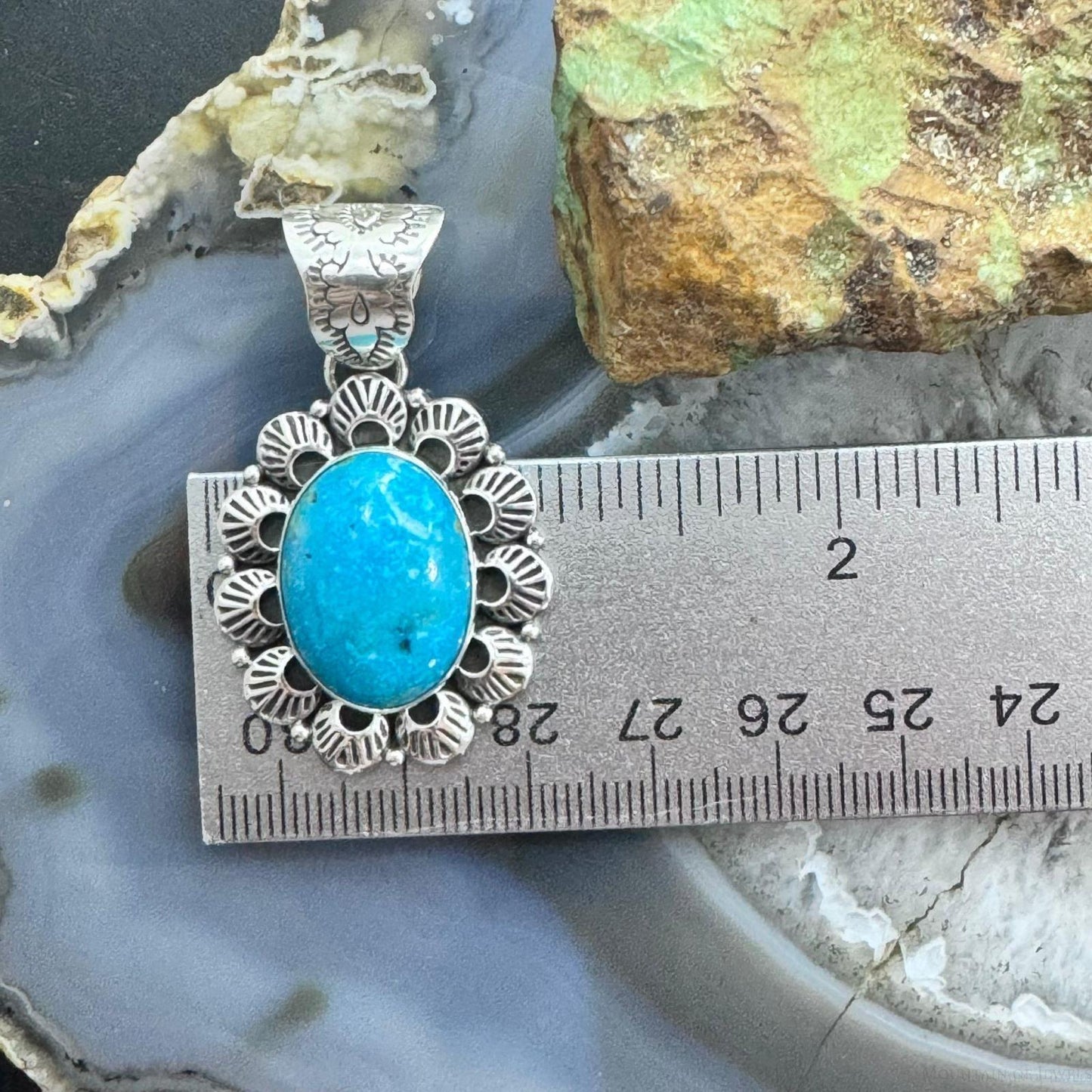 Native American Sterling Silver Oval Turquoise Decorated Pendant For Women