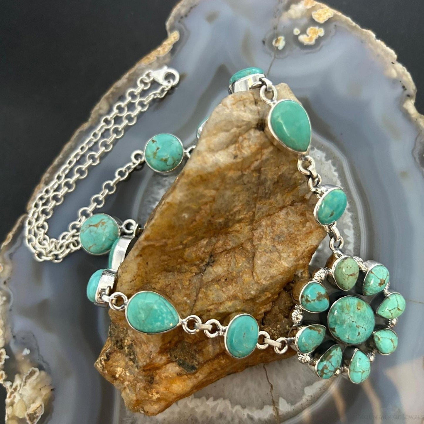 Sterling Silver Southwestern Style Tyrone Turquoise Cluster 18" Necklace For Women