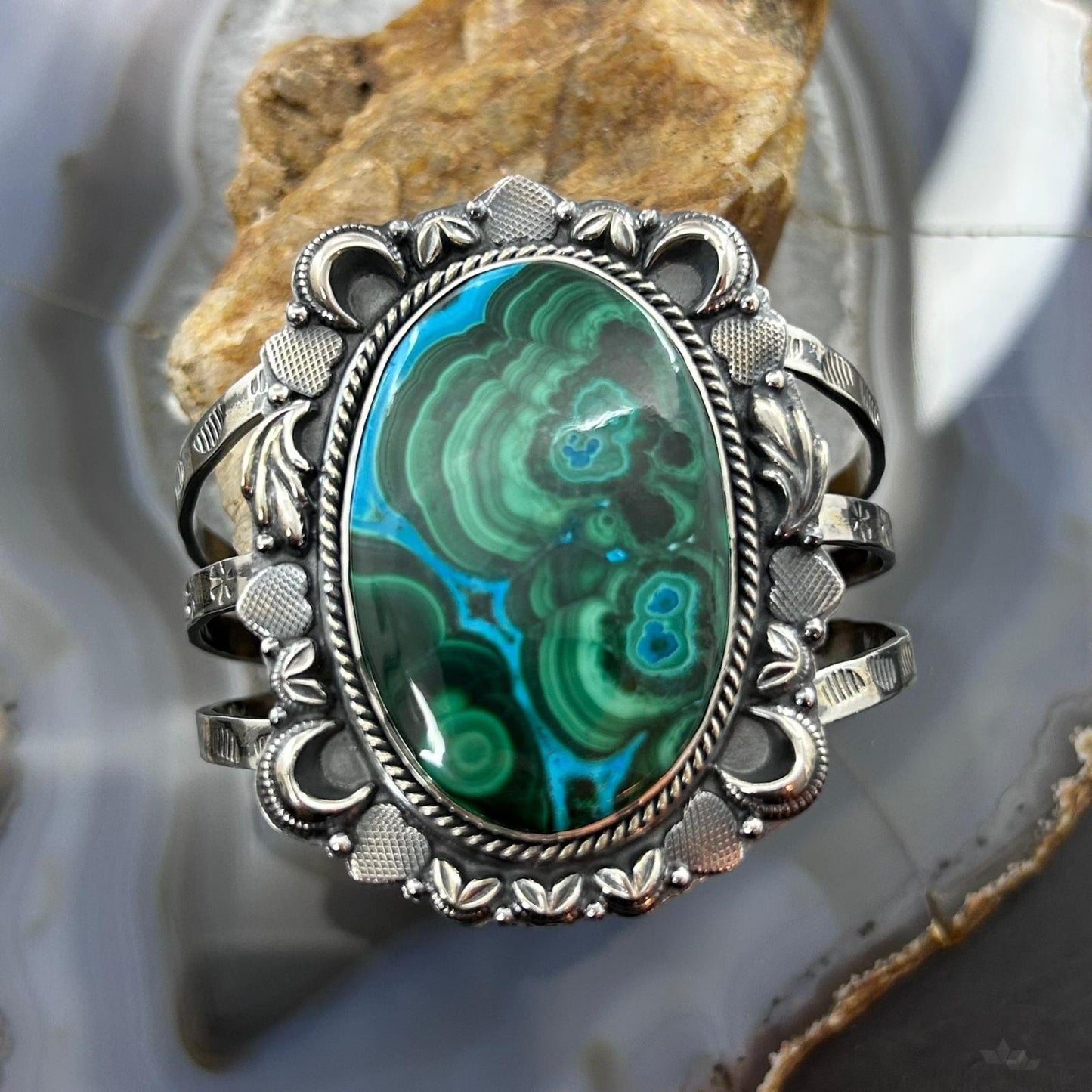 Sterling Silver Southwestern Style Large Oval Malachite Azurite Bracelet For Women