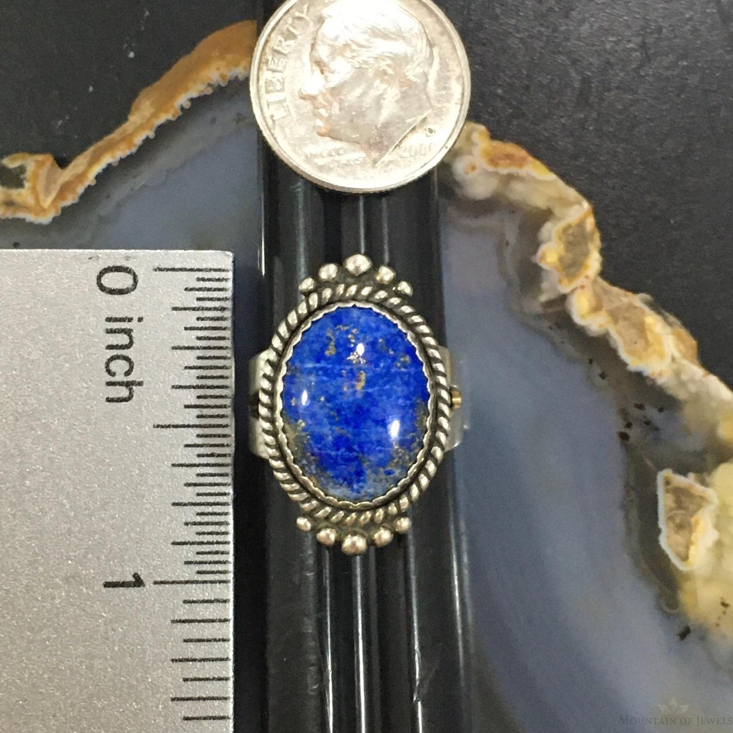 Carolyn Pollack Southwestern Style Sterling Silver Oval Denim Lapis Decorated Ring For Women