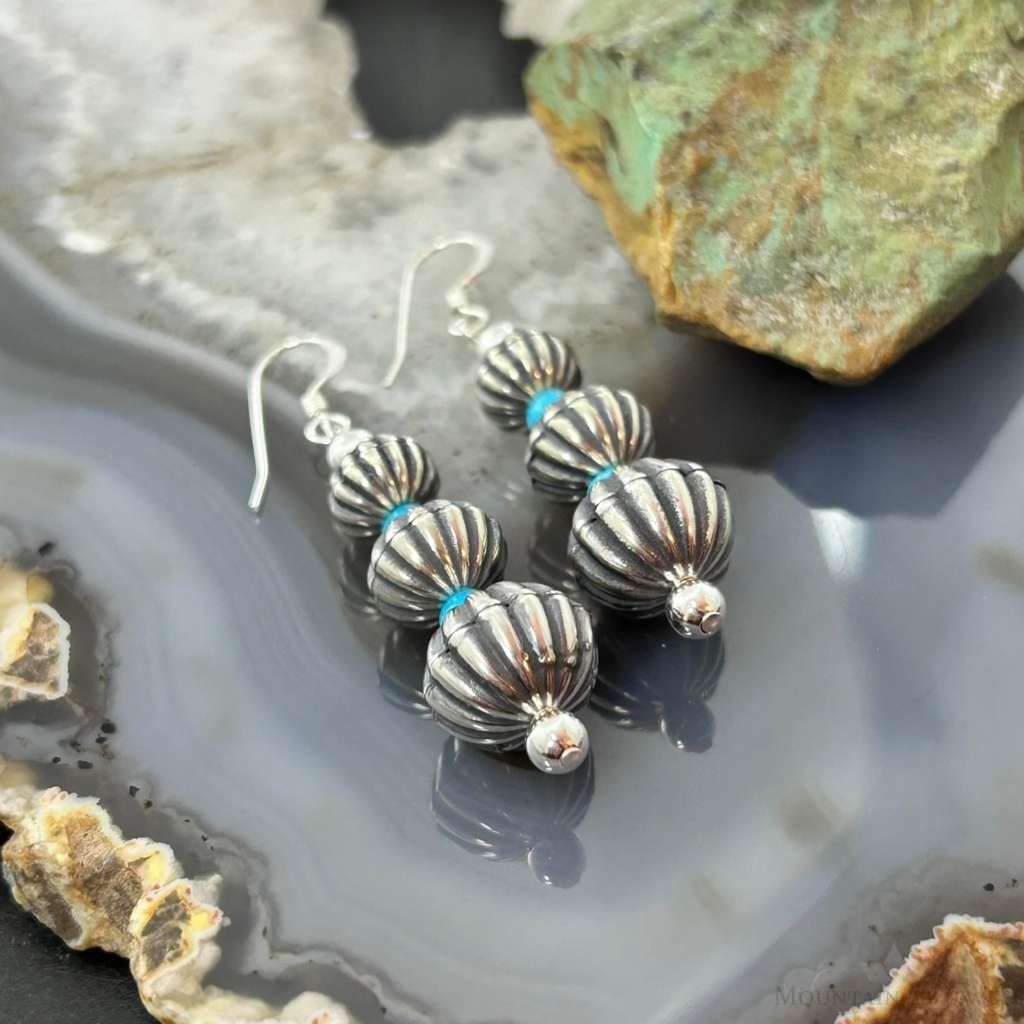 Native American Sterling Silver Grooved Saucer Pearl Beads w/Turquoise Dangle Earringsn For Women