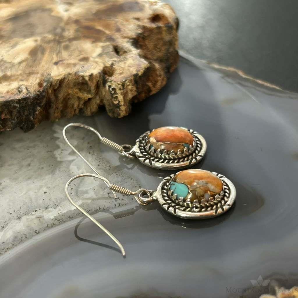 Sterling Silver Southwestern Style Spiny Oyster Turquoise Dangle Earrings For Women #6
