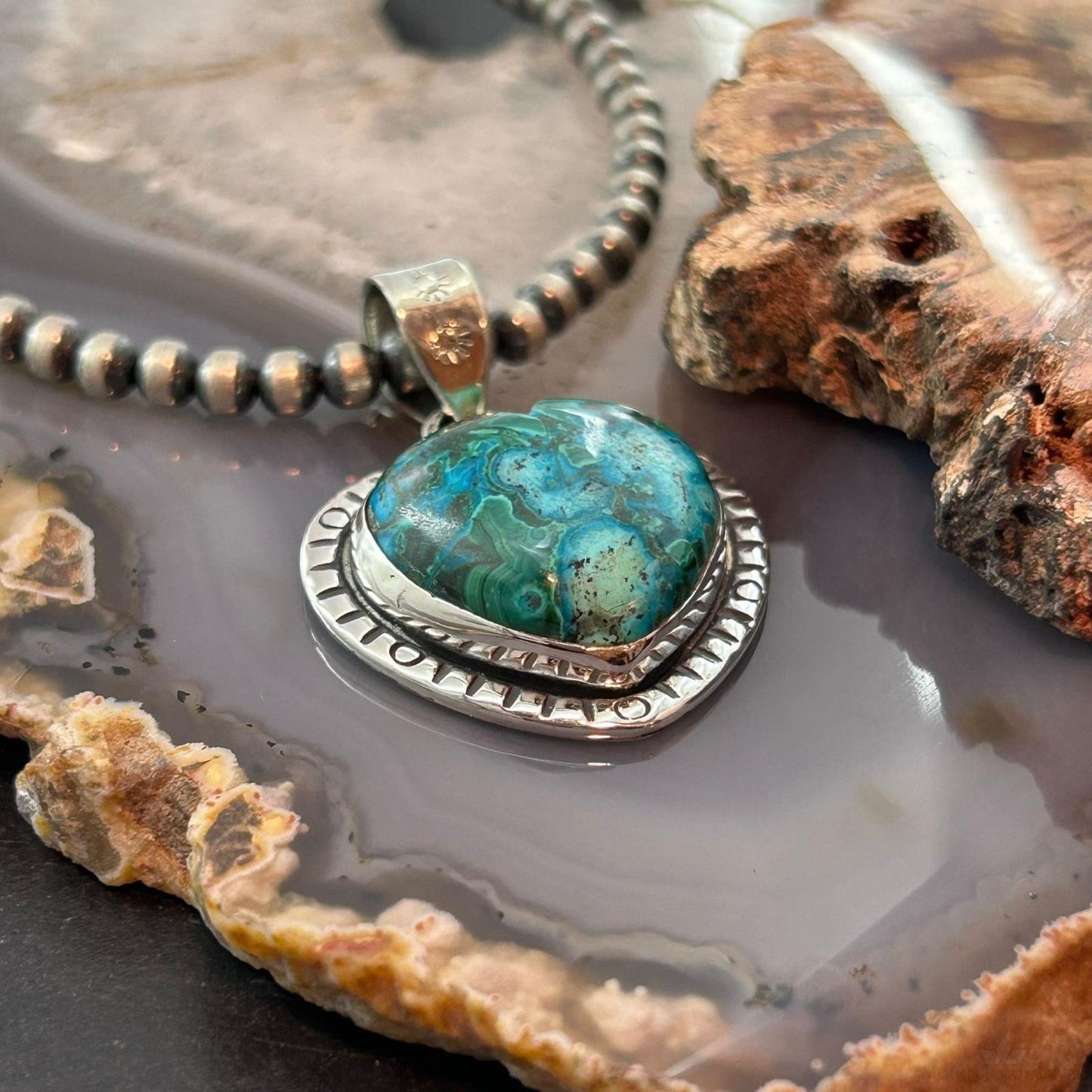 Sterling Silver Southwestern Style Azurite Malachite Heart Pendant For Women #2