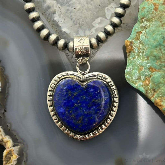 Sterling Silver Southwestern Style Lapis Heart Decorated Pendant For Women #3