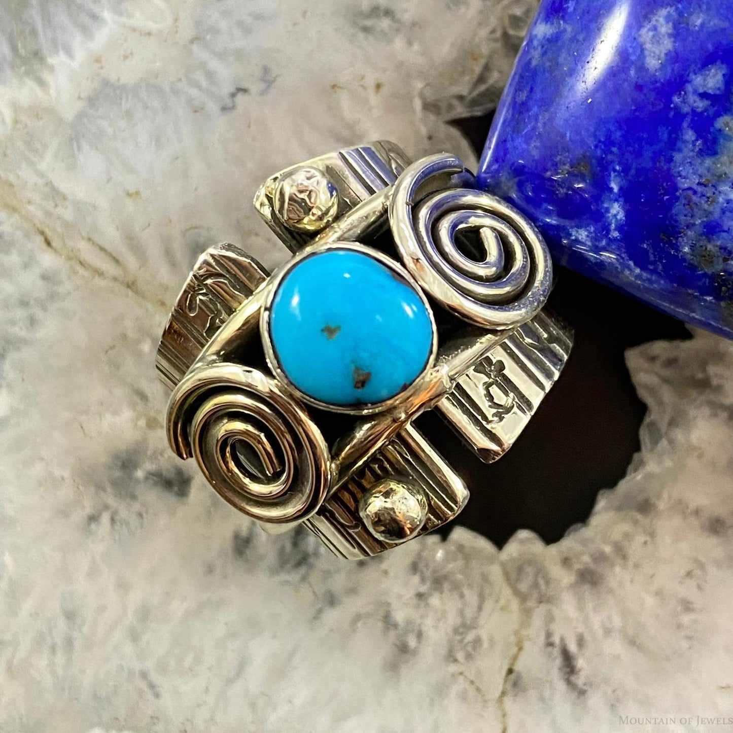 Alex Sanchez Sterling Silver Turquoise Petroglyph Band Ring Sz 8.5 For Women