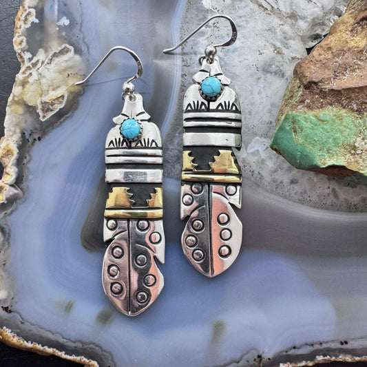Tommy & Rosita Singer Sterling Silver & Gold Filled Turquoise Feather Dangle Earrings For Women