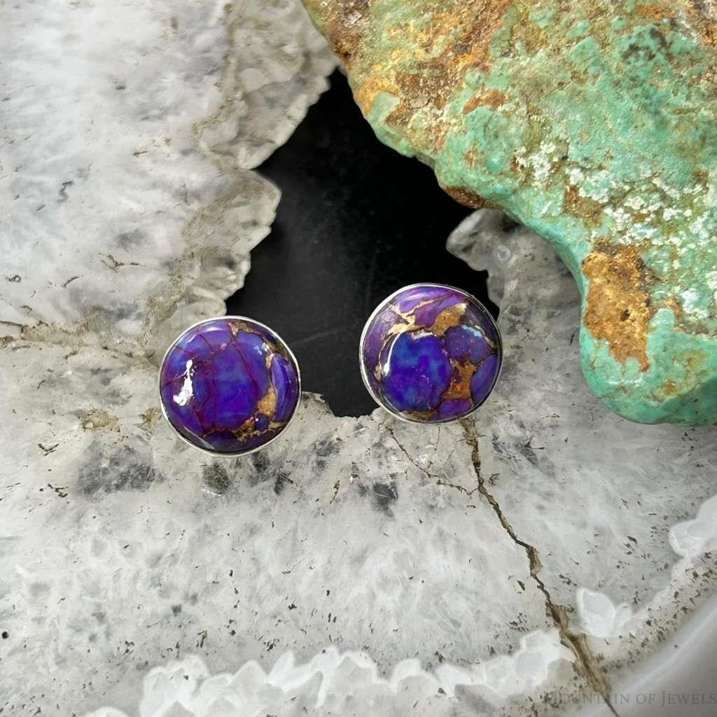 Sterling Silver Southwestern Style Rounded Purple Dahlia Stud Earrings For Women